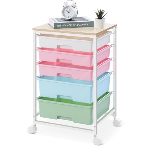 SYKIARIOL Utility Cart with 5 Drawers with Wooden Top, Rainbow - color: Rainbow