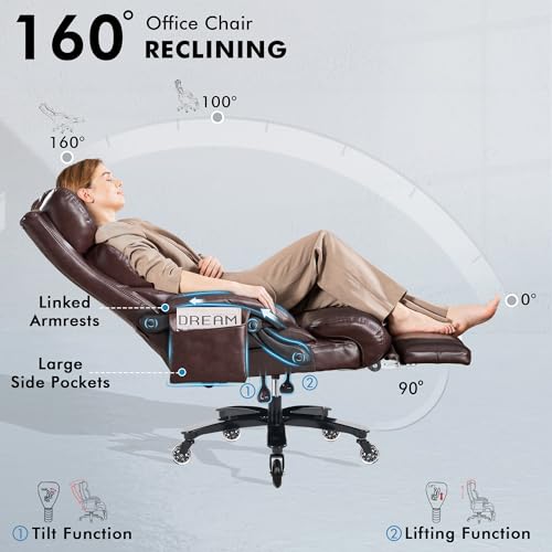 Big and Tall Ergonomic Massage Office Chair with Footrest, PU Leather Brown | 3 Removable Cushions, Heat Vibration Massage, Lumbar Support, High Back Reclining 105°-160°, 2 Pockets, Silent Wheels, 500LBS - color: Brown