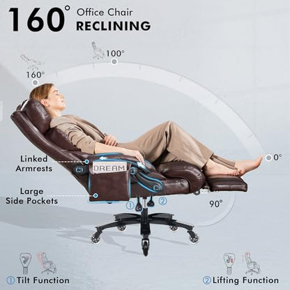 Big and Tall Ergonomic Massage Office Chair with Footrest, PU Leather Brown | 3 Removable Cushions, Heat Vibration Massage, Lumbar Support, High Back Reclining 105°-160°, 2 Pockets, Silent Wheels, 500LBS - color: Brown