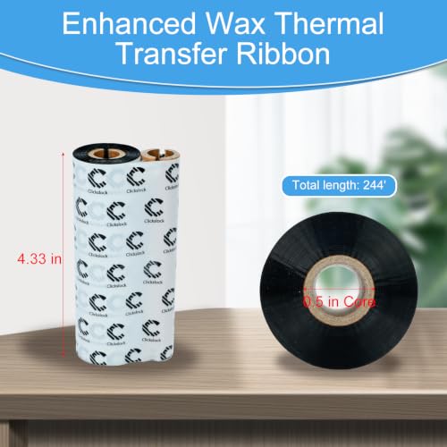 Enhanced Wax Thermal Transfer Ribbon, 4.33'' x 244', 4 Rolls | 110mm x 74m Black Barcode Label Printer Ribbon with 0.5 In Core for Zebra Desktop Printers, Crisp, Durable Print Quality - size: 4 Rolls-4.33''x244'