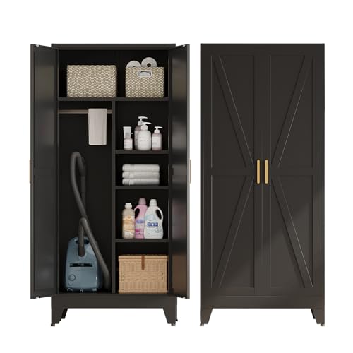 71" Metal Storage Cabinet, Tall Utility Closet Cabinet with Hanging Rod, Farmhouse Metal Broom Closet for Laundry Room Garage, Steel Wardrobe Cabinets for Bedroom - color: Black, size: 71"H-17.7"D