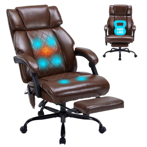 Massage Office Chair with Foot Rest and Heating, Executive Ergonomic Reclining Leather Office Chair, Big and Tall Desk Chair with Vibration Massager, Computer Gaming Chair for Home & Office Brown - color: Brown