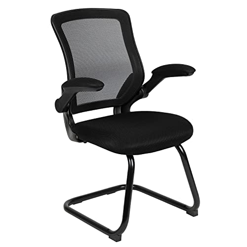 Flash Furniture Kale Black Mesh Sled Base Side Reception Chair with Flip-Up Arms