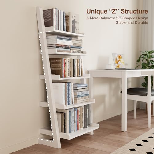 AQIMUELE White Wooden Ladder Shelf with Edges, 5-Tier Modern Leaning Bookshelf Ladder – Stylish Space-Saving Bookcase for Living Room, Bedroom & Home Office - color: White, size: 5-Tier