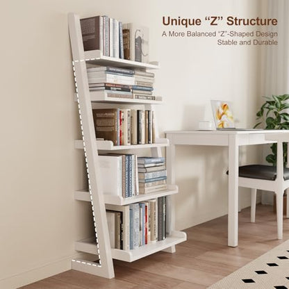 AQIMUELE White Wooden Ladder Shelf with Edges, 5-Tier Modern Leaning Bookshelf Ladder – Stylish Space-Saving Bookcase for Living Room, Bedroom & Home Office - color: White, size: 5-Tier