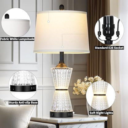 Modern Table Lamps for Living Room, 26" Tall Black Table Lamp with 2 Textured LED Night Light, 2 USB Charging Port & AC Outlet, Bedside Lamps for Bedroom Nightstands End Table Office, 2 Bulbs Included - color: Black-1