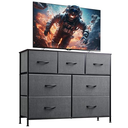 WLIVE 7 Drawer Dresser TV Stand, Entertainment Center, Media Console Table with Metal Frame and Wood Top for TV up to 45 inch, Chest of Drawers for Bedroom, Living Room, Dark Grey - color: Dark Grey