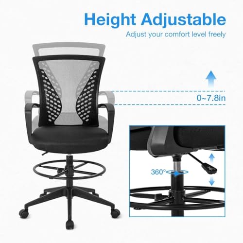 Drafting Chair Tall Office Chair Standing Desk Chair Adjustable Height Reception Office Chair with Lumbar Support & Foot-Ring, Ergonomic Mesh Computer Drafting Stool for Working Standing Desk (Black)