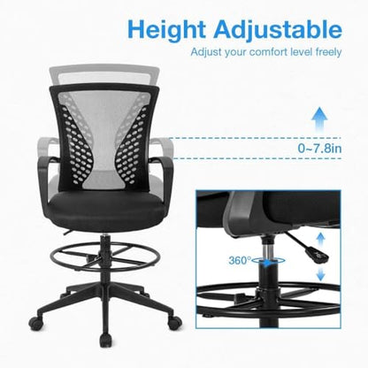 Drafting Chair Tall Office Chair Standing Desk Chair Adjustable Height Reception Office Chair with Lumbar Support & Foot-Ring, Ergonomic Mesh Computer Drafting Stool for Working Standing Desk (Black)