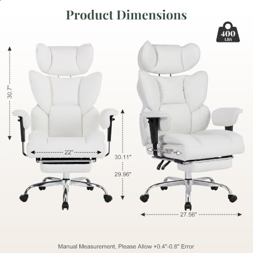 Big and Tall Office Chair 400 LBS, for Adults, Home Office | PU Leather, Executive Ergonomic Desk Chair with Footrest, Lumbar Support, Wide Seat ,Reclining, Adjustable Armrest, Beige - color: Beige, size: Adjustable Armrest