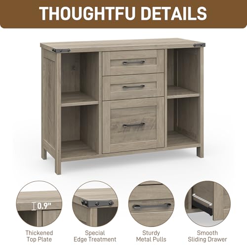 Vabches File Cabinet with 3 Drawers, Farmhouse Lateral File Cabinet Fits Files Letter/A4 Size, Wooden Filing Cabinet with Adjustable Shelves Printer Stand for Home Office, Grey - color: Grey