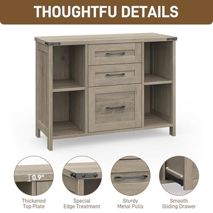 Vabches File Cabinet with 3 Drawers, Farmhouse Lateral File Cabinet Fits Files Letter/A4 Size, Wooden Filing Cabinet with Adjustable Shelves Printer Stand for Home Office, Grey - color: Grey