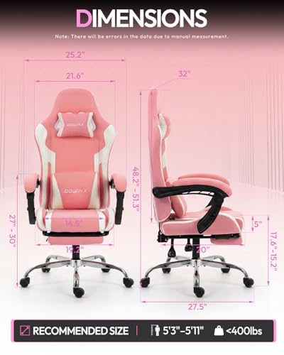 Dowinx Ergonomic Gaming Chair with Footrest & Massage Lumbar, 2D-Linkage Armrests for Computer Chair 330lbs with Headrest Pillow for Office, Home, Streaming and Long Gaming Sessions, Fabric Pink White - color: Pink White