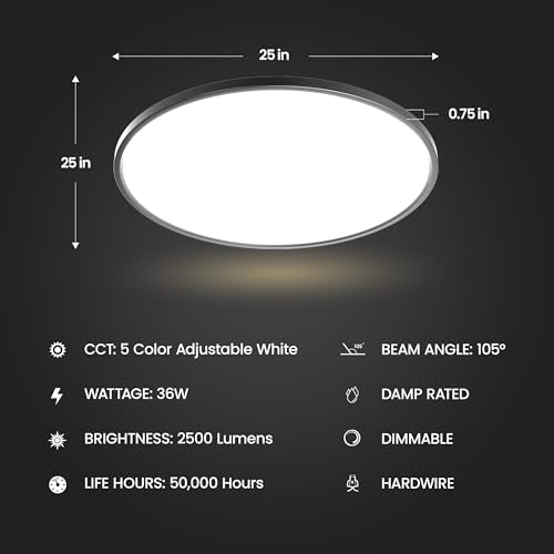 Feit Electric 25in Selectable White Ceiling Light, 2500 Lumens, 5 Color Temperatures (2700K-6500K), Dimmable, 36W Flush Mount, Perfect for Office, Kitchen, and Living Spaces, FM25LP6WYBK - size: 25in. Downlight
