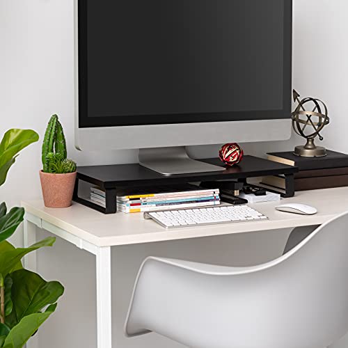 IRIS USA 1-Tier Multi-Purpose Modern PC Monitor Organizer Stand with Metal Legs, Ergonomic Desktop and Countertop Riser for Computer Laptop TV Kitchen Pantry and Closet Organization, Black | Elevates monitors and laptops while organizing keyboards, office