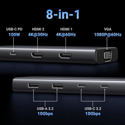 UGREEN 8 in 1 USB C 4K Docking Station Dual Monitor, Triple Display USB C Hub with 2 HDMI, VGA, 2 USB A&C 3.2 Ports, 100W PD, Compatible for MacBook, Dell, HP, Lenovo, Surface etc