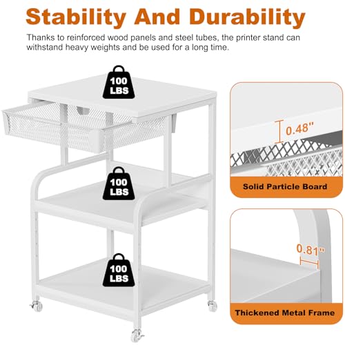 Large Printer Stand with Drawer, 3-Tier Industrial Rolling Cart | 5 Adjustable Shelves, Mobile Printer Table for Desk & Home Office, Fits 3D Printer, Scanner and Fax Machine White - color: White, size: Large(19.7"L X 15.7"W X 32.2"H)