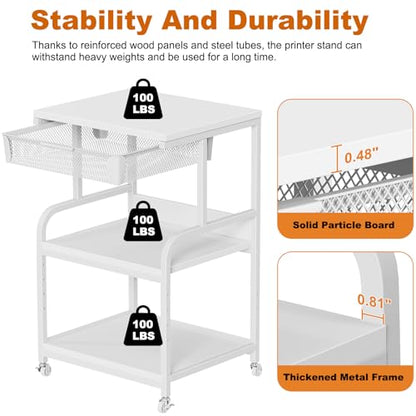 Large Printer Stand with Drawer, 3-Tier Industrial Rolling Cart | 5 Adjustable Shelves, Mobile Printer Table for Desk & Home Office, Fits 3D Printer, Scanner and Fax Machine White - color: White, size: Large(19.7"L X 15.7"W X 32.2"H)