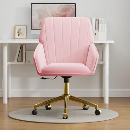 YITAI Velvet Office Desk Armchairs with Gold Base and Wheels,Modern Height Adjustable 360 Degree Swivel Upholstered Vanity Chairs for Living/Room Bedroom/Study,Pink - color: Gold Pink
