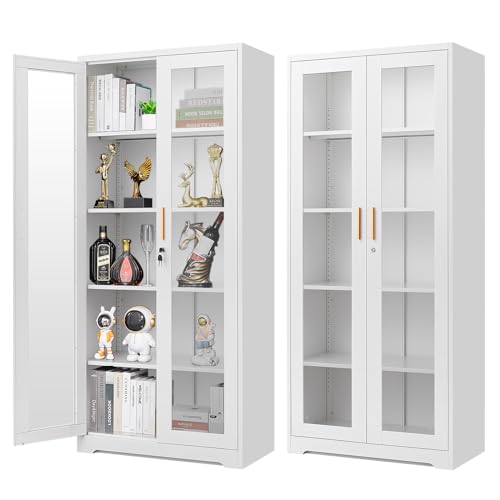 Polup 71" White Metal Glass Display Cabinet with Security Lock | 5-Tier Curio Case & Tempered Doors, 4 Adjustable Shelves, Heavy-Duty China Storage for Living Room, School & Commercial - color: White, size: 71"H-with Lock