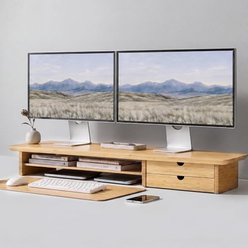 Bamboo Dual Monitor Stand, Natural Desk Shelf with Storage