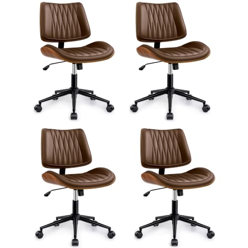 Ergonomic Armless Office Desk Chair - Mid-Century Modern Khaki Faux Leather with Diamond Stitch, Adjustable Height Swivel Rolling Task Computer Chair with Walnut Accent for Home Office, Study & Work - color: Khaki, size: 4 Pack