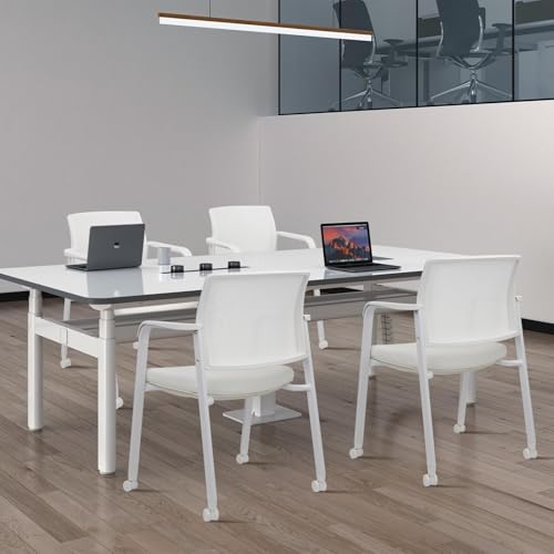 CLATINA Mesh Back Guest Reception Stacking Chair with Wheels, Waiting Room Stackable Chairs with Upholstered Leather Seat & Ergonomic Lumbar Support for Office Conference School Lobby, White, 2 Pack - color: White_leather_wheels, size: 2pack