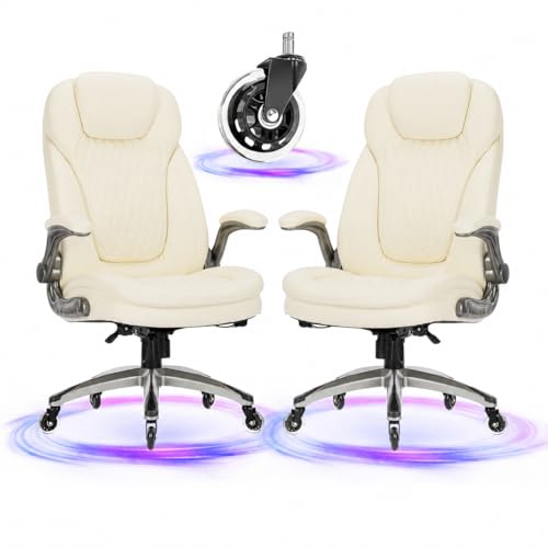 COLAMY Ivory Leather High Back Executive Office Chair Set of 2, Ergonomic Desk Chair with Flip-up Arms, Thick Cushion, Silent Nylon Wheels, Adjustable Height & Rocking Function, 300lbs Capacity - color: Ivory-6686, size: set of 2