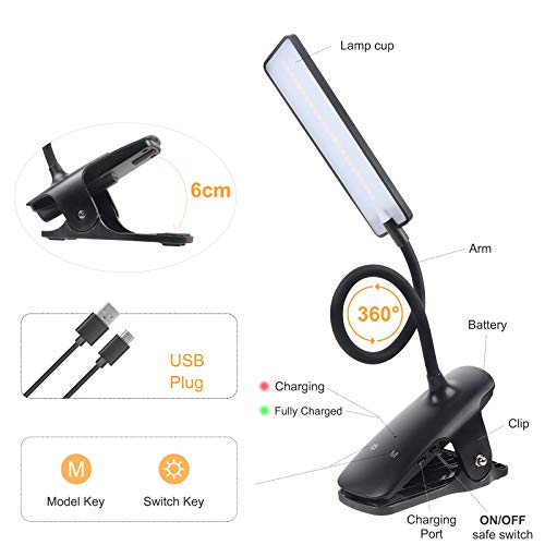 LED Reading Light with Clip USB Rechargeable Book Lights, 24 LEDs Flexible Neck Night Bed Lamp, Touch Control Portable Clamp Desk Lamps for Bed Headboard, Computers -Black - color: Black