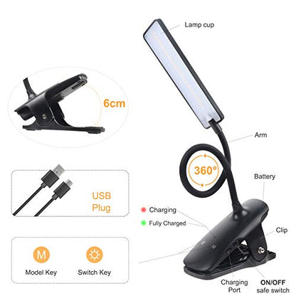 LED Reading Light with Clip USB Rechargeable Book Lights, 24 LEDs Flexible Neck Night Bed Lamp, Touch Control Portable Clamp Desk Lamps for Bed Headboard, Computers -Black - color: Black