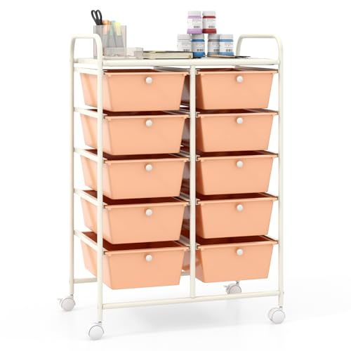 Giantex 10 Drawers Rolling Cart, Classroom Organizers, Storage Cart with Wheels, for Teacher Office Home School Supplies Tool Craft Art Paper, Peach Fuzz - color: Peach Fuzz, size: 10 Drawers Big