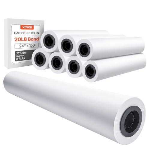 VEVOR Wide Format Paper, 24 in x 150 ft Plotter Roll, 8 Rolls CAD Bond Rolls with 2 in Core, 20 LB Bond Paper Rolls, Ideal for CAD Drawings, Engineering Plans, GIS Maps, and Architectural Designs - size: 24 in x 150 ft, style: 8 Rolls