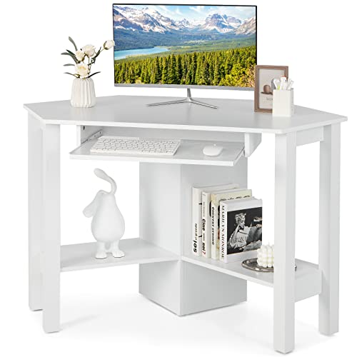 Tangkula Corner Desk, Corner Computer Desk, Wood Compact Home Office Desk, Laptop PC Table Writing Study Table, Workstation with Storage Drawer & Shelves - color: White