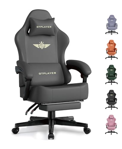 GTPLAYER Gaming Chair with Pocket Spring Cushion, Big and Tall Gamings Chairs 350LBS High Back Computer Chair with Footrest for Adults Lumbar Support Swivel Game Chair for Office, Leather Grey - color: Grey