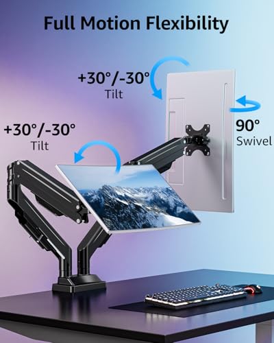 MOUNTUP Dual Monitor Stand for Max 43 inch Screens, Ultrawide Monitor Arm Height Adjustable, Heavy Duty Dual Monitor Mount, Full Motion Premium Monitors Arm, Holds 2.2 to 33 lbs, VESA Desk Mount