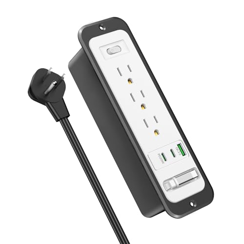 Recessed Power Strip with Retractable USB C Cable,2 PD 20W USB C,Flush Mount Countertop Drawer Outlet, Furniture Hidden Outlet for Side Table,End Table,3 Outlets (White and Black, 6FT-20W) - color: White and black, size: 6FT-20W USB