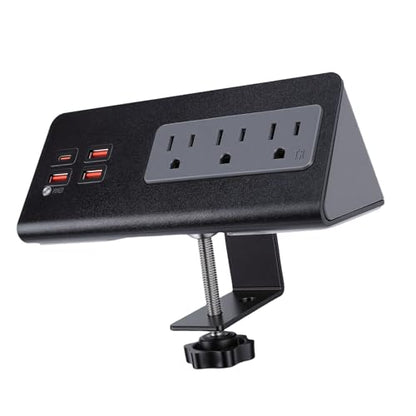 Desk Clamp Power Strip, Desktop Mount Charging Station with 15A 1875W 3 AC Outlets, 3 USB A, 1 PD 20W USB C Ports, SurgeProtector NightstandEdge Mount 6.5ft Extension Cord (US Plug)