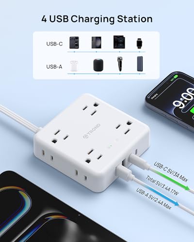 TROND 360° Rotating Flat Plug Power Strip 3ft, 8 AC & 4 USB (2U2C), White - color: White, size: 3FT, style: Rotating Plug-2U2C