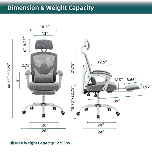 DUMOS Office Desk Chair with Footrest, Mesh Computer Gaming Chair | Ergonomic Lumbar Support, 360° Swivel, Rolling Wheels, Adjustable Headrest, Task Student, Elegant Grey - color: Elegant Grey, size: Standard