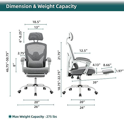 DUMOS Office Desk Chair with Footrest, Mesh Computer Gaming Chair | Ergonomic Lumbar Support, 360° Swivel, Rolling Wheels, Adjustable Headrest, Task Student, Elegant Grey - color: Elegant Grey, size: Standard