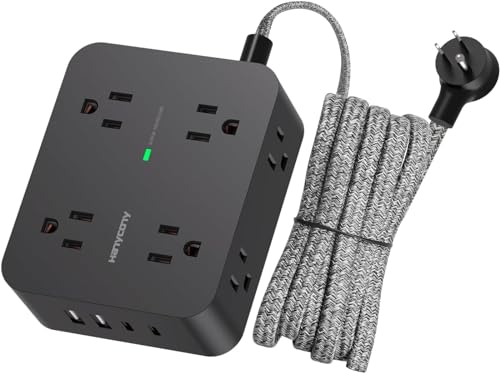 HANYCONY Surge Protector Power Strip, 1080J, 5 Ft Braided Extension Cord | 8 Outlets 4 USB Ports(2 USB C), Outlet Extender, Flat Plug, Wall Mount, Desk Charging Station, Home Office, Dorm Room ETL - color: Black, size: 5ft