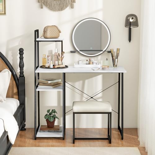MAT EXPERT Computer Desk with Ladder Shaped Shelves, Compact Home Office Desk w/Monitor Stand & Adjustable Foot Pads, Modern Writing Study Desk PC Laptop Workstation for Home Office (White) - color: White