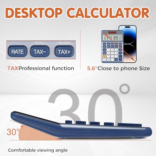 Pendancy Blue Desktop Tax Calculator, 12-Digit Large LCD, Solar & Battery | Small Basic Calculator for Office and Home with Big Buttons, 3.5-Inch Display, Metal Panel, GT/MU and Operation Symbols - color: 200T-Blue, size: Medium