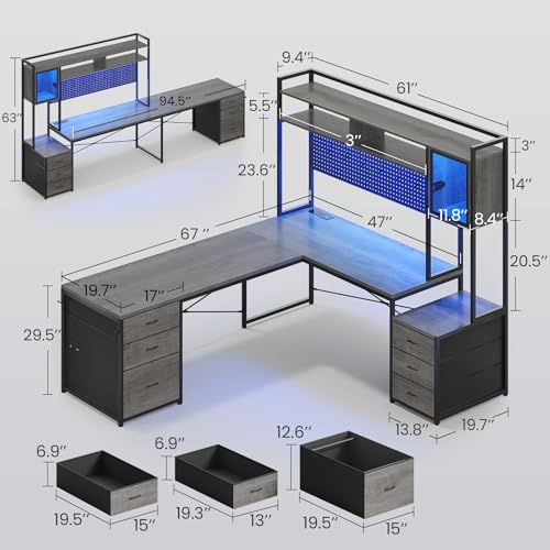 SEDETA Reversible L Shaped Gaming Desk with 6 Drawers, Hutch, Led Lights - color: Grey