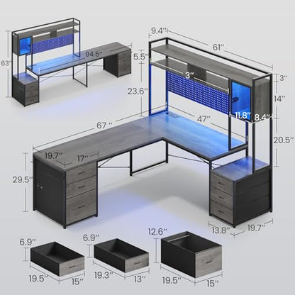 SEDETA Reversible L Shaped Gaming Desk with 6 Drawers, Hutch, Led Lights - color: Grey