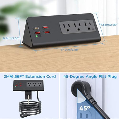 Fabater Desk Clamp Power Strip, Fast Charging Station with 3 AC Outlets, 3 USB A Ports & PD 20W USB C Ports, 6.56FT Desktop Mount Surges Protector, Fit 0.2-1.57IN Tabletop Edges (US)