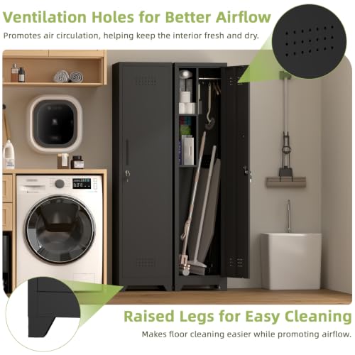 Utility Closet for Cleaning Supplies, Black Metal Storage Cabinet - color: 65"h 1 Door - Black
