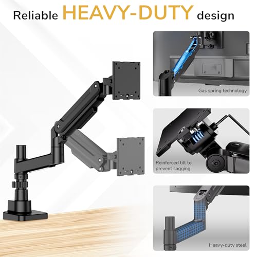 Mount-It! Ultrawide Monitor Desk Mount with Pole, Fits 17–49” Screens, Heavy Duty Height-Adjustable Gas Spring Arm, 44 lbs Capacity, Full Motion, VESA 75/100, Clamp or Grommet