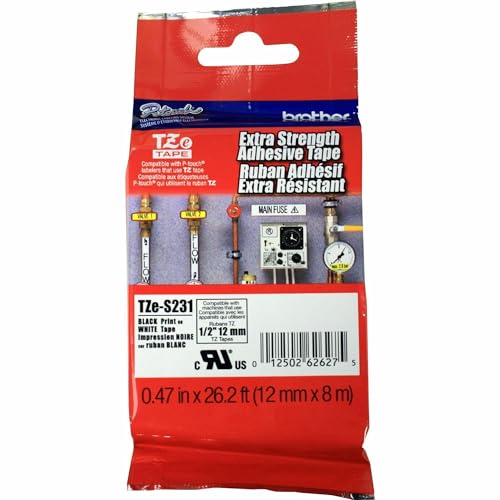 Brother Extra Strength Tape, Black on White, 12mm (TZeS231) - color: Black Print on White Extra Strength Tape, size: Pack of 1, style: Old Packaging