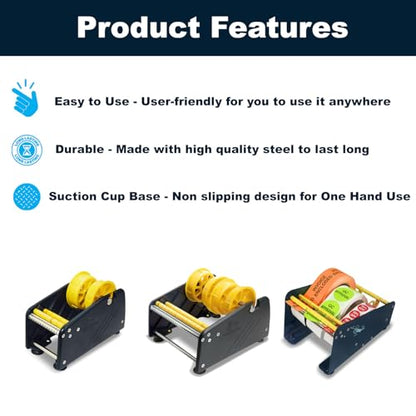 MDJ by Excell Manual Label Sticker Dispenser with 4 Suction Cups Base for Tabletop, Adjustable holder for multiple rolls for Office, Home, School, Warehouse, Easy Peel Off, Fits up to 6.5" Wide Labels - size: 6" Wide w/ Plastic Frame